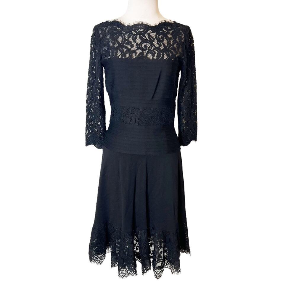 Tadashi Shoji lace jersey pintuck black mini dress sz S